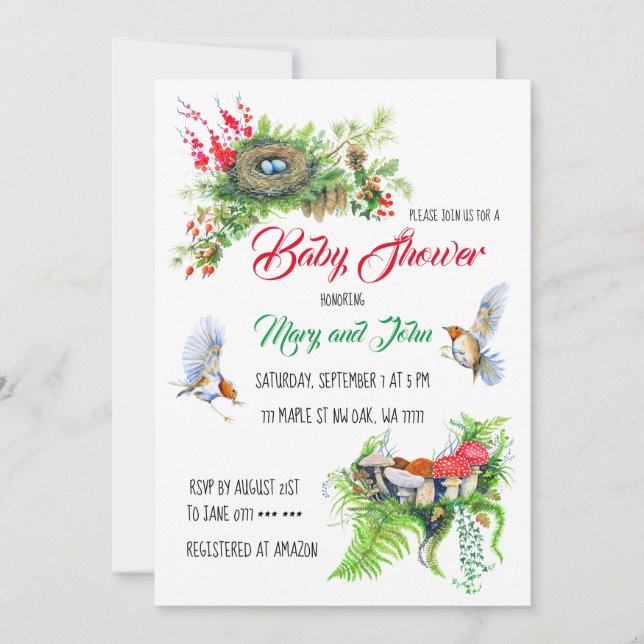 Rustic Woodland Robin Birds with Nest Baby Shower  Invitation (Front)