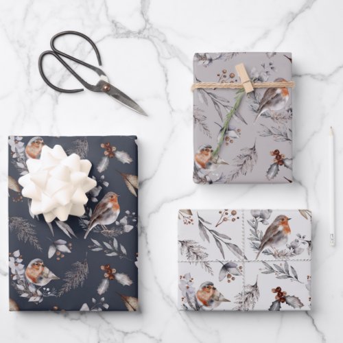 Rustic Woodland Robin Winter Leaves Wrapping Paper Sheets
