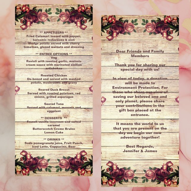Rustic Woodland Roses Burgundy Country Wedding  Menu (Rustic Woodland Roses Burgundy Country Wedding Menu)