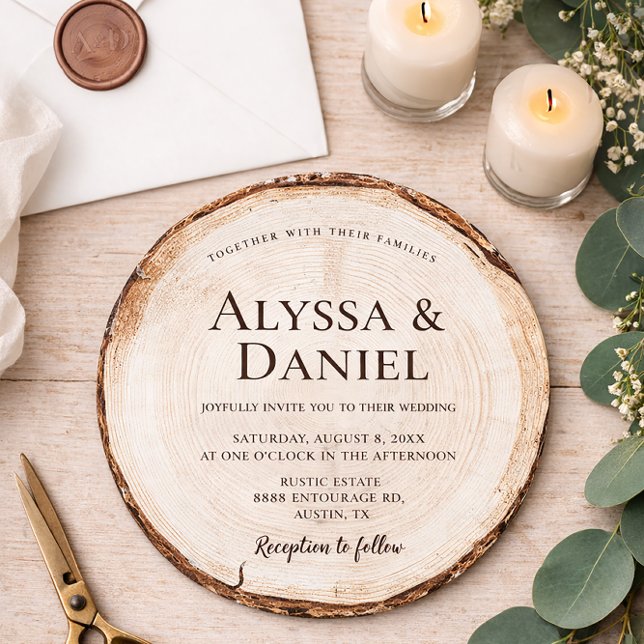 Rustic Woodland Round Wood Slice forest wedding Invitation (Rustic and unique woodland round wedding invitation card.)