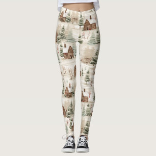 Rustic Woodland Scene Log Cabins, Trees, Snow Leggings