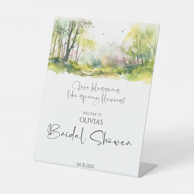 Rustic Woodland Spring Bridal Shower Welcome Pedestal Sign (Front)