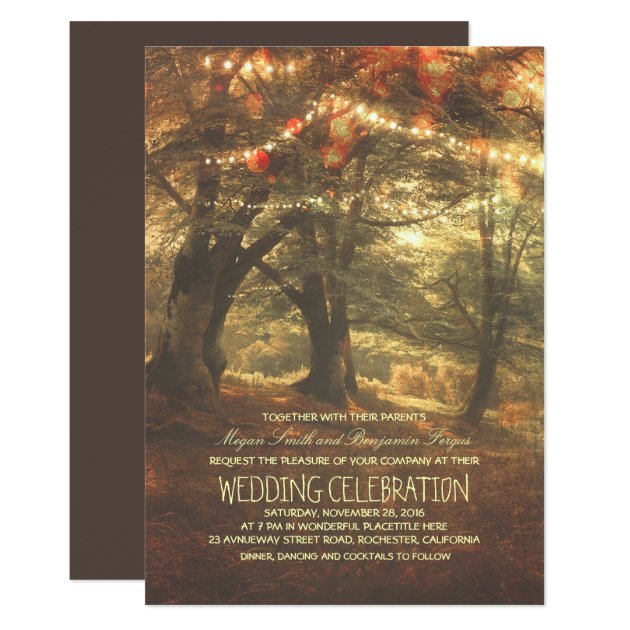 Rustic Woodland String Lights Trees Wedding Invitation