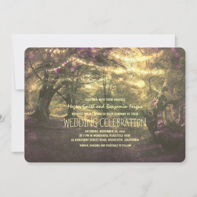 Rustic Woodland String Lights Trees Wedding Invitation (Front)