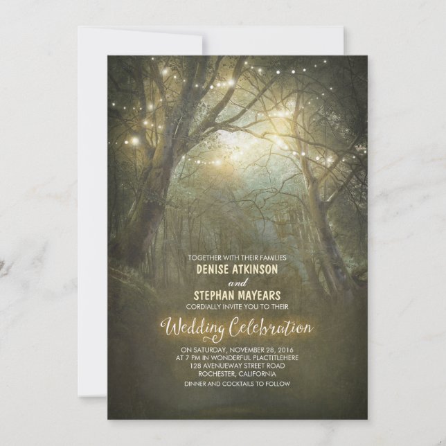 Rustic Woodland String Lights Trees Wedding Invitation (Front)