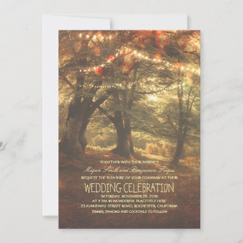 Rustic Woodland String Lights Trees Wedding Invitation