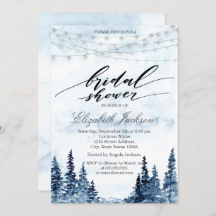 Rustic Woodland, String Lights, Watercolor Trees Invitation