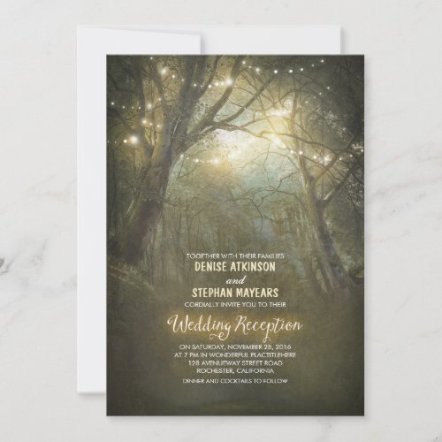 Rustic Woodland String Lights Wedding Reception Invitation