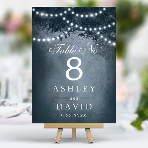 Rustic Woodland Tree String Lights Navy Blue Table Number