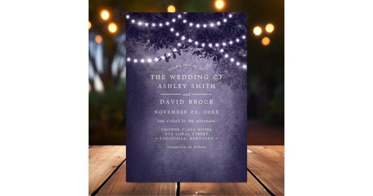 Rustic Woodland Tree String Lights Purple Wedding Invitation | Zazzle