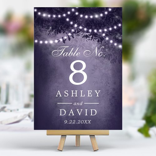 Rustic Woodland Tree String Of Lights Purple Table Number