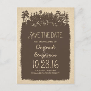 rustic woodland trees save the date postcards