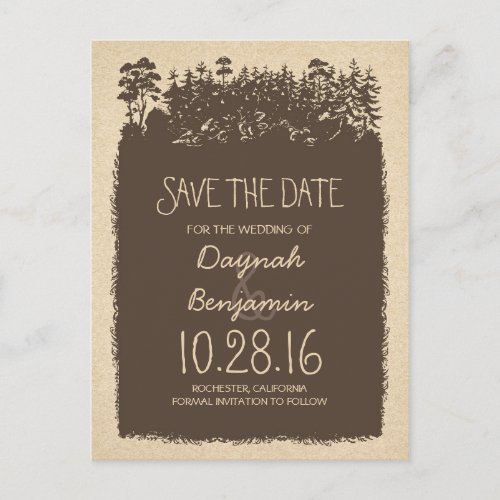 rustic woodland trees save the date postcards