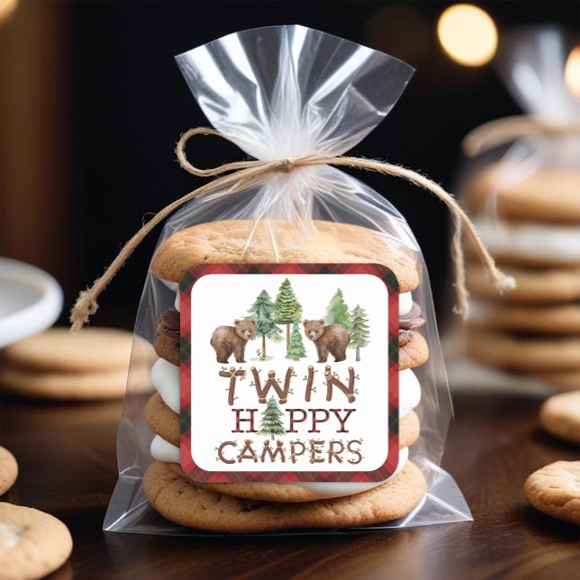Rustic Woodland Twins One Happy Camper Favor  Square Sticker (Twin Happy Camper Favor Sticker)