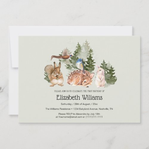 Rustic Woodland Watercolor 1st Birthday Invitation