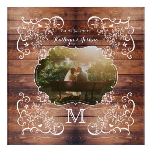 Rustic Woodland Wedding Photo Wood Panel Monogram Acrylic Print