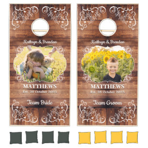 Rustic Woodland Wedding Photo Wood Panel Monogram Cornhole Set