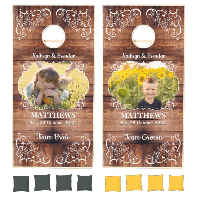 Rustic Woodland Wedding Photo Wood Panel Monogram Cornhole Set (Set)
