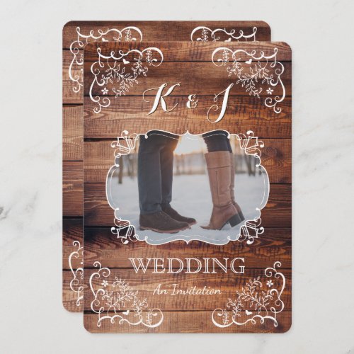 Rustic Woodland Wedding Photo Wood Panel Monogram Invitation