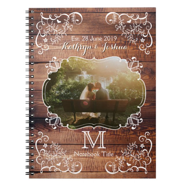 Rustic Woodland Wedding Photo Wood Panel Monogram Notebook (Front)