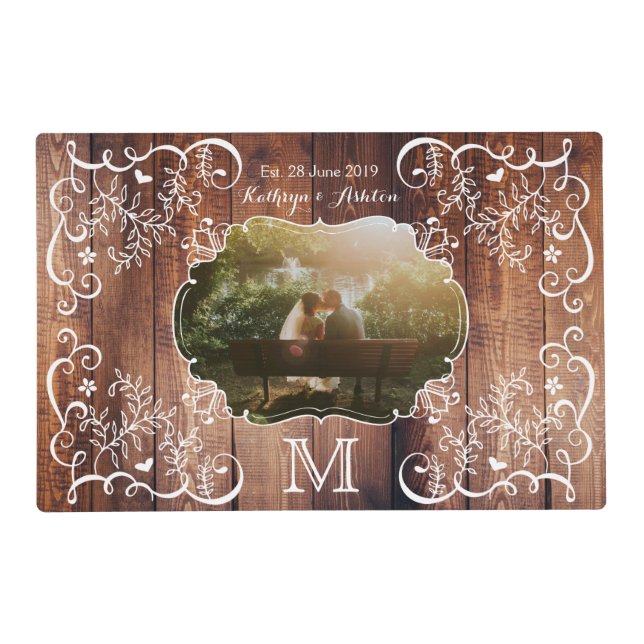 Rustic Woodland Wedding Photo Wood Panel Monogram Placemat (Front)