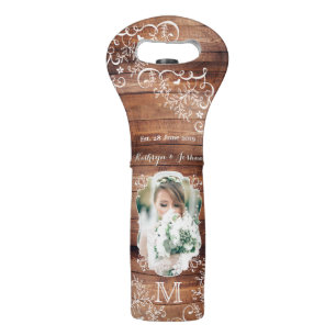 Rustic Woodland Wedding Photo Wood Panel Monogram Wine Bag