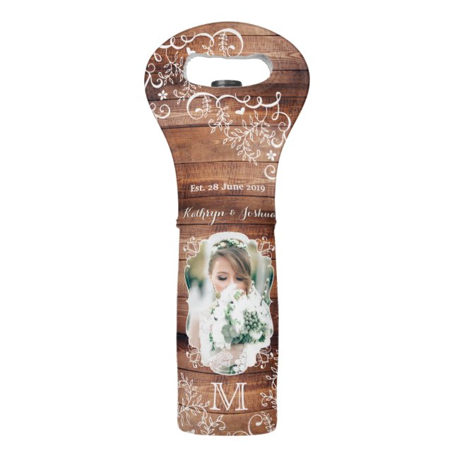 Rustic Woodland Wedding Photo Wood Panel Monogram Wine Bag (Front)