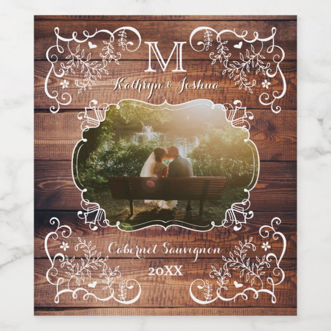 Rustic Woodland Wedding Photo Wood Panel Monogram Wine Label (Single Label)