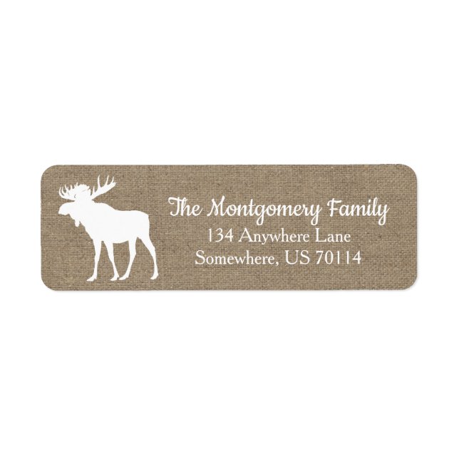 Rustic Woodland White Moose Faux Burlap Label (Front)