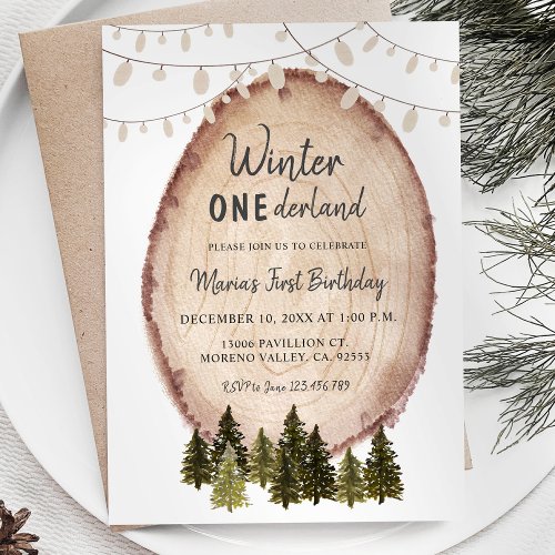 Rustic Woodland Winter Onederland Birthday Invitation