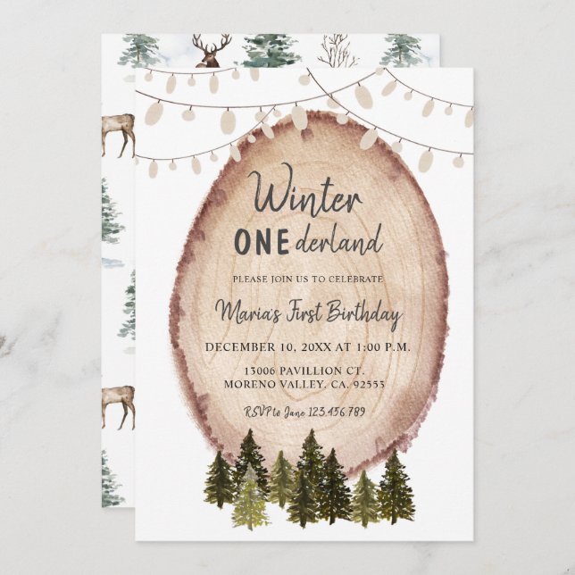 Rustic Woodland Winter Onederland Birthday Invitation (Front/Back)