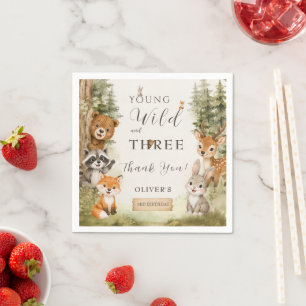 Rustic Woodland Young Wild and Three 3rd Birthday Napkins