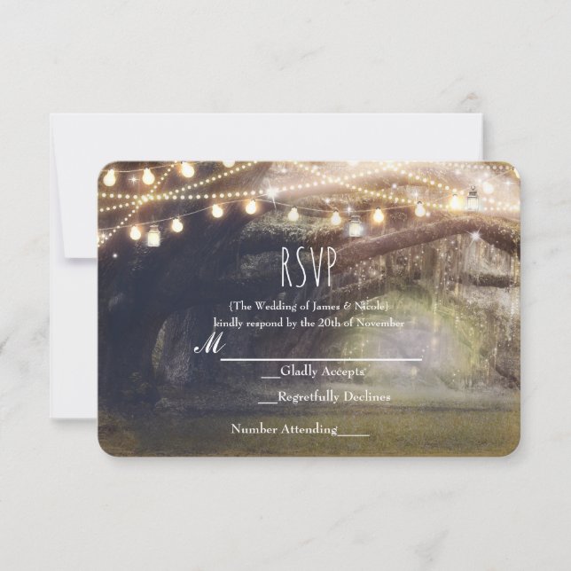 Rustic Woods Enchanted Forest Lights Wedding RSVP Card (Front)