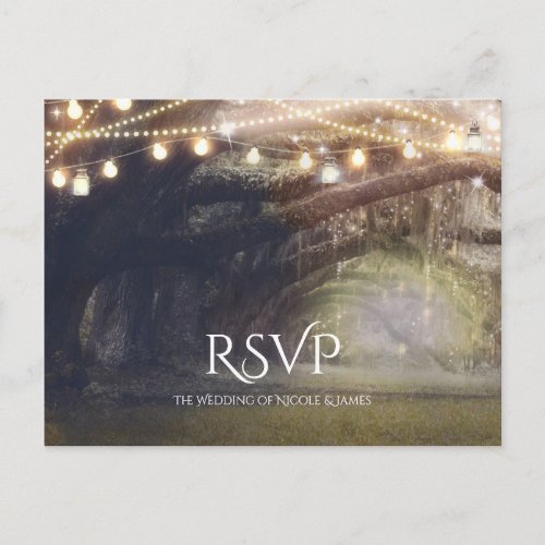 Rustic Woods Enchanted Forest Lights Wedding RSVP Invitation Postcard