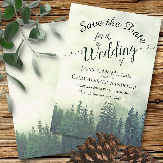 Rustic Woods Green Mountain Pine Trees Wedding Save The Date (Creator Uploaded)