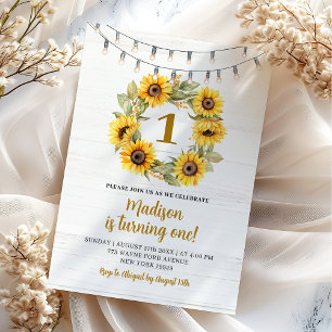 Rustic Woods Sunflower First Birthday Invitation