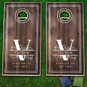 Rustic Woods V Initial Monogram Family Name Cornhole Set