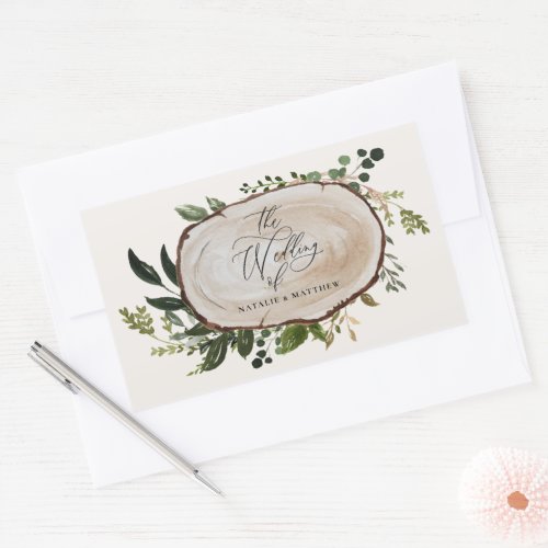 Rustic WoodSlice Greenery Botanical Wedding Rustic Rectangular Sticker