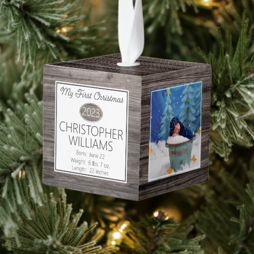 Rustic Woodsy Baby My First Christmas 3 Photo Cube Ornament