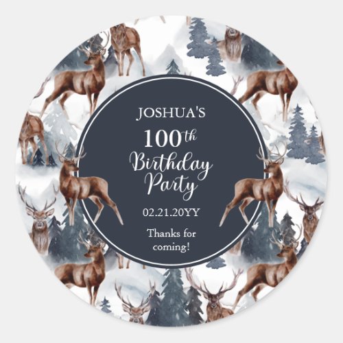 Rustic Woodsy Deer  Forest 100th Birthday Party  Classic Round Sticker