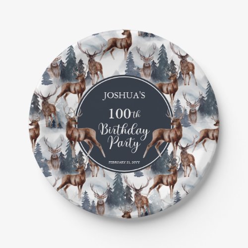 Rustic Woodsy Deer  Forest 100th Birthday Party Paper Plates