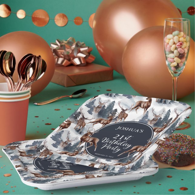 Rustic Woodsy Deer | Forest 21st Birthday Party Paper Plates (Multi)