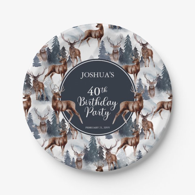 Rustic Woodsy Deer | Forest 40th Birthday Party Paper Plates (Front)
