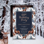 Rustic Woodsy Deer | Forest 60th Birthday Party Invitation<br><div class="desc">Celebrate his birthday in rustic woodsy style with this deer nature pattern,  outdoor-themed "Birthday Party" design featuring a variety of deer with evergreen fir trees,  mountains and snow on a white background on front and a rustic faux dark wood background on back.  Composite design by Holiday Hearts designs.</div>