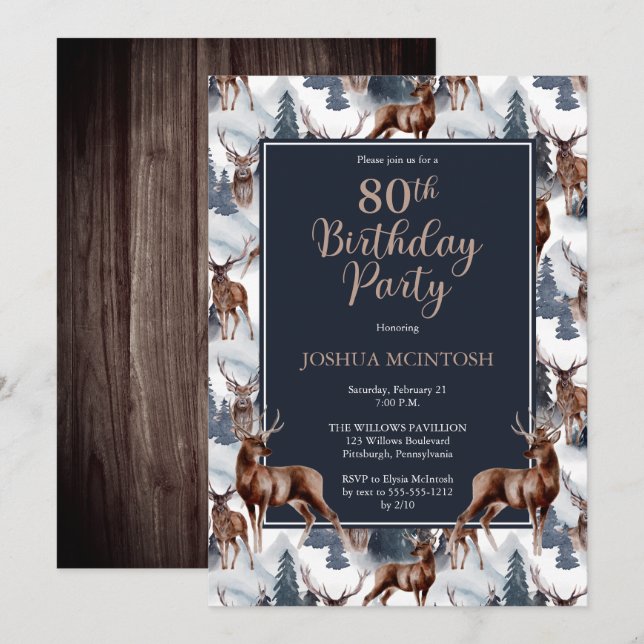 Rustic Woodsy Deer | Forest 80th Birthday Party Invitation (Front/Back)