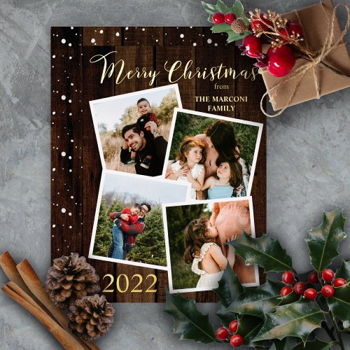 Rustic Woodsy Faux Wood Merry Christmas 4 Photo Foil Holiday Card