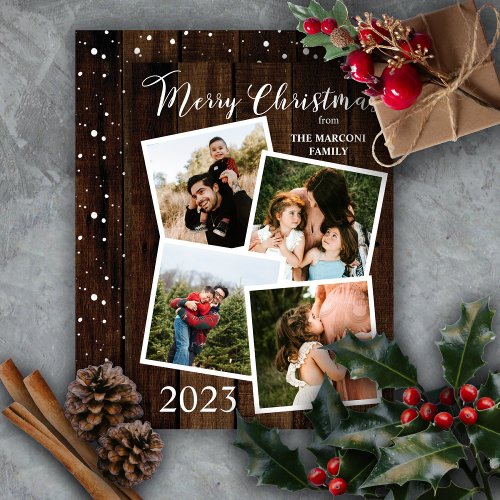 Rustic Woodsy Faux Wood Merry Christmas 4 Photo Holiday Card