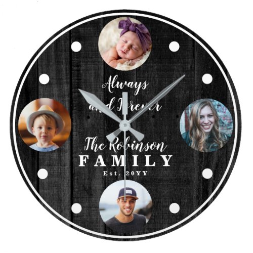 Rustic Woodsy Four Photo Family with Quote Large Clock