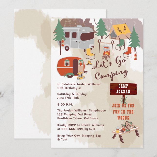 Rustic Woodsy Lets Go Camping 13th Birthday Party Invitation (Front/Back)