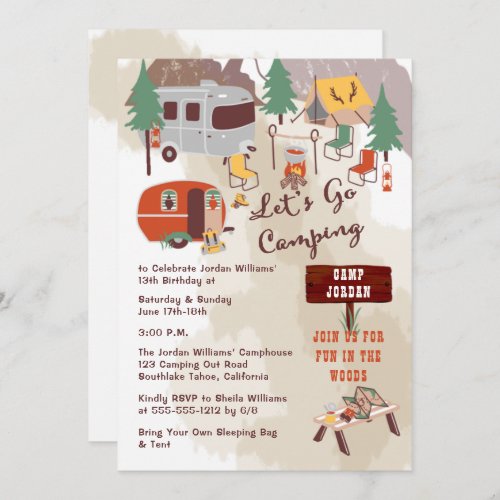 Rustic Woodsy Lets Go Camping 13th Birthday Party Invitation